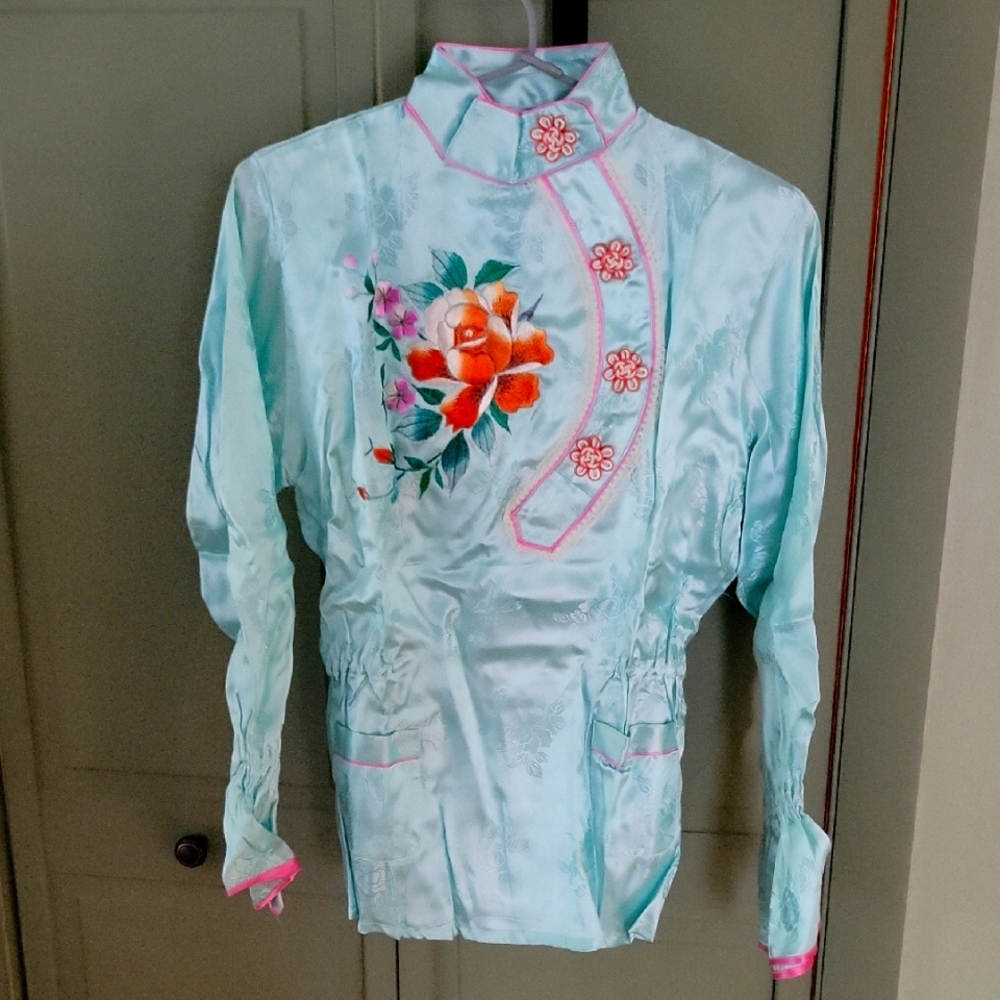 Authentic Korean War Era Floral Embroidered Satin/Silk Pajama Set